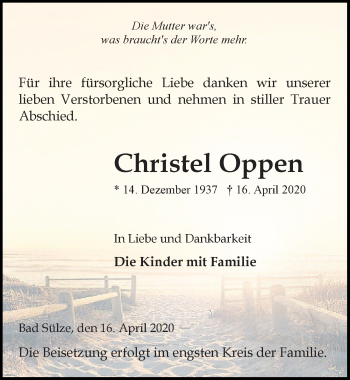 Traueranzeige von Christel Oppen von Ostsee-Zeitung GmbH