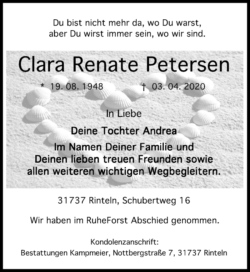  Traueranzeige für Clara Renate Petersen vom 18.04.2020 aus Schaumburger Nachrichten