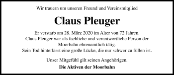 Traueranzeige von Claus Pleuger von Aller Zeitung