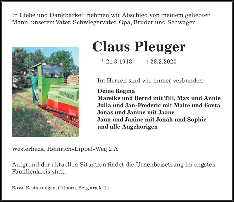  Traueranzeige für Claus Pleuger vom 01.04.2020 aus Aller Zeitung