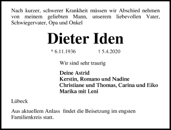 Traueranzeige von Dieter Iden von Lübecker Nachrichten