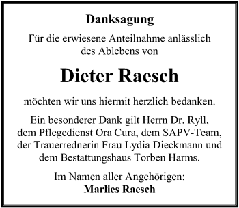 Traueranzeige von Dieter Raesch von Ostsee-Zeitung GmbH