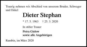 Traueranzeige von Dieter Stephan von Ostsee-Zeitung GmbH