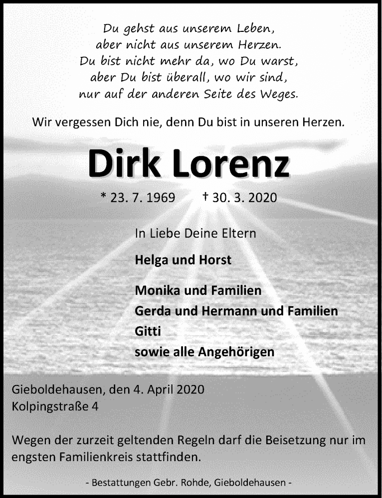  Traueranzeige für Dirk Lorenz vom 04.04.2020 aus Eichsfelder Tageblatt