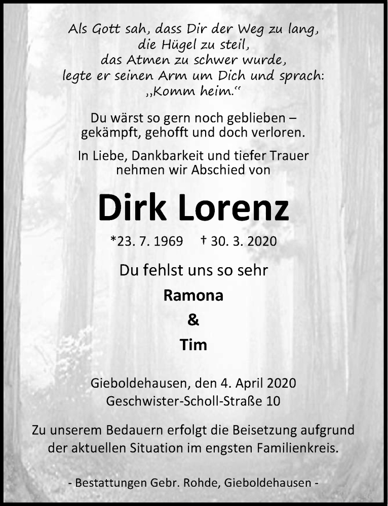  Traueranzeige für Dirk Lorenz vom 04.04.2020 aus Göttinger Tageblatt