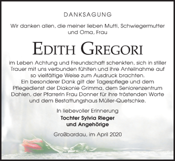 Traueranzeige von Edith Gregori von Leipziger Volkszeitung