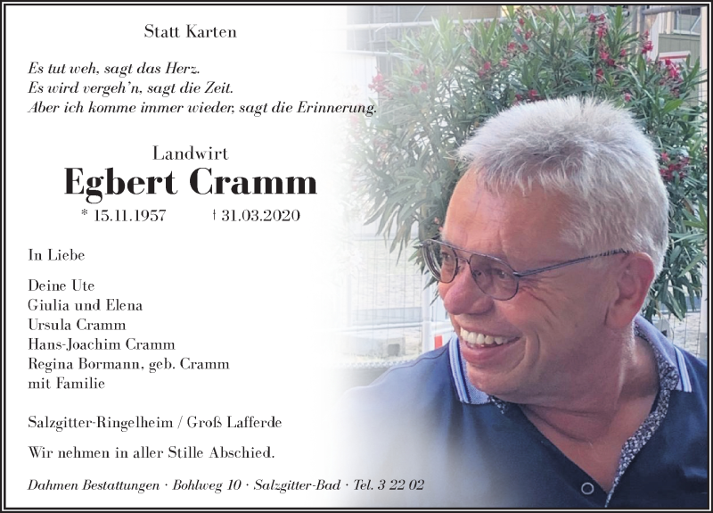  Traueranzeige für Egbert Cramm vom 02.04.2020 aus Peiner Allgemeine Zeitung