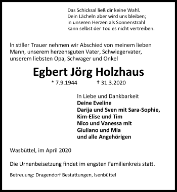 Traueranzeige von Egbert Jörg Holzhaus von Aller Zeitung