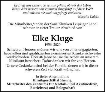 Traueranzeige von Elke Kluge von Leipziger Volkszeitung