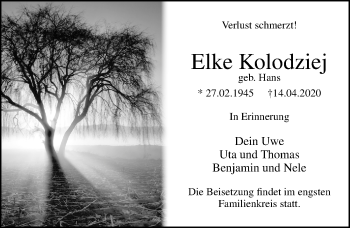 Traueranzeige von Elke Kolodziej von Ostsee-Zeitung GmbH