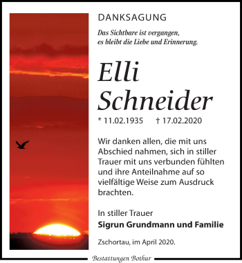 Traueranzeige von Elli Schneider von Leipziger Volkszeitung