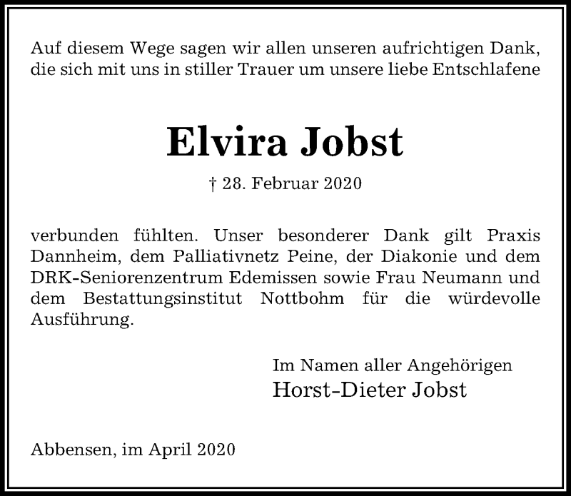  Traueranzeige für Elvira Jobst vom 04.04.2020 aus Peiner Allgemeine Zeitung