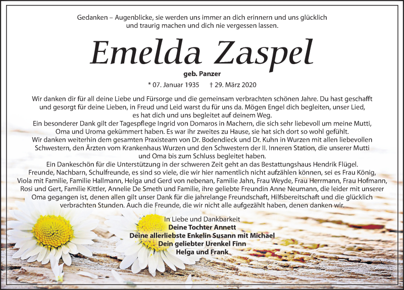  Traueranzeige für Emelda Zaspel vom 04.04.2020 aus Leipziger Volkszeitung