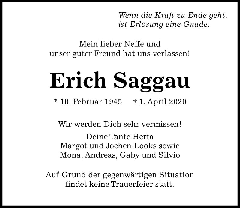  Traueranzeige für Erich Saggau vom 04.04.2020 aus Kieler Nachrichten