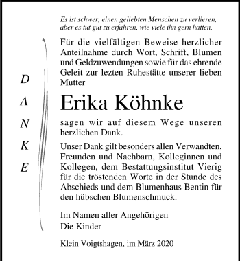 Traueranzeige von Erika Köhnke von Ostsee-Zeitung GmbH