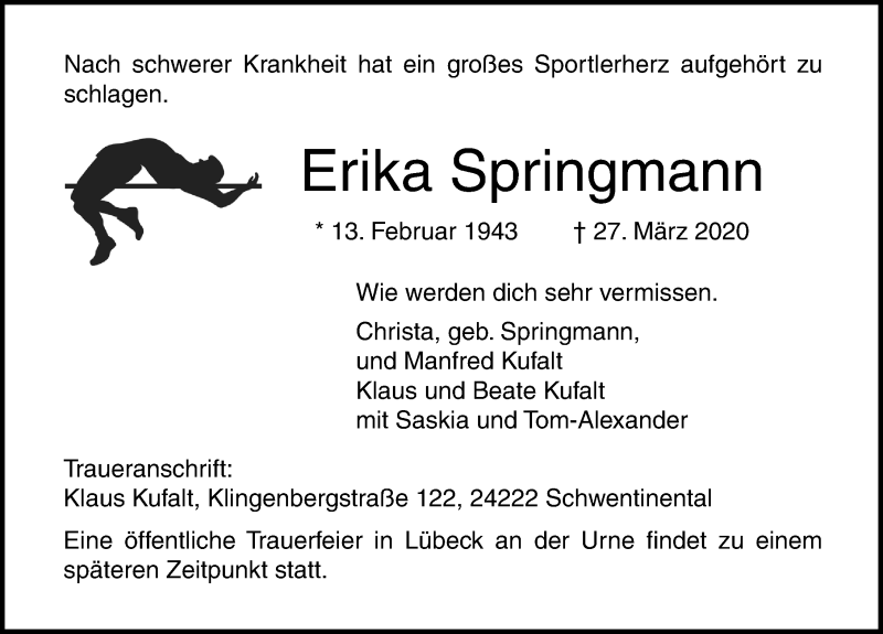  Traueranzeige für Erika Springmann vom 05.04.2020 aus Lübecker Nachrichten