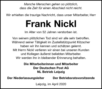 Traueranzeige von Frank Nickl von Leipziger Volkszeitung