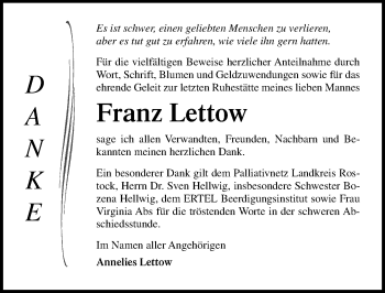 Traueranzeige von Franz Lettow von Ostsee-Zeitung GmbH