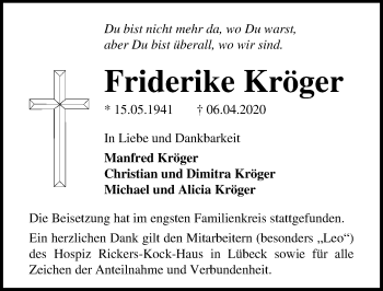 Traueranzeige von Friderike Kröger von Lübecker Nachrichten