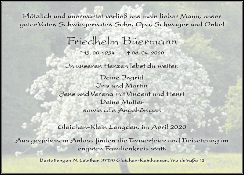  Traueranzeige für Friedhelm Büermann vom 11.04.2020 aus Göttinger Tageblatt