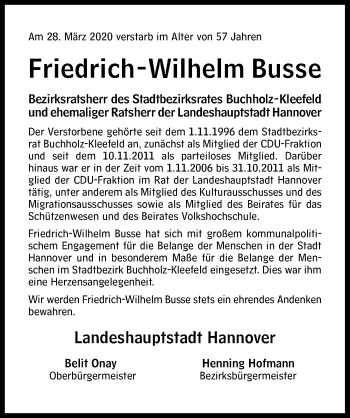 Traueranzeige von Friedrich-Wilhelm Busse von Hannoversche Allgemeine Zeitung/Neue Presse