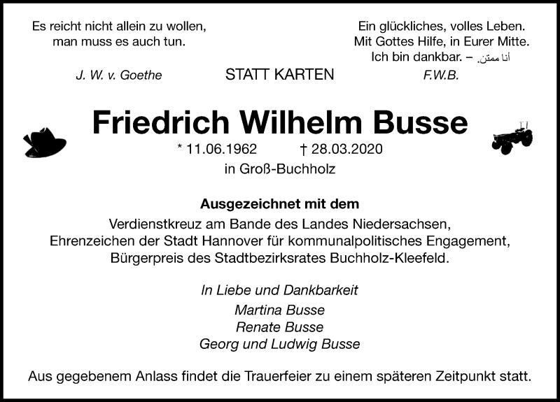  Traueranzeige für Friedrich Wilhelm Busse vom 04.04.2020 aus Hannoversche Allgemeine Zeitung/Neue Presse