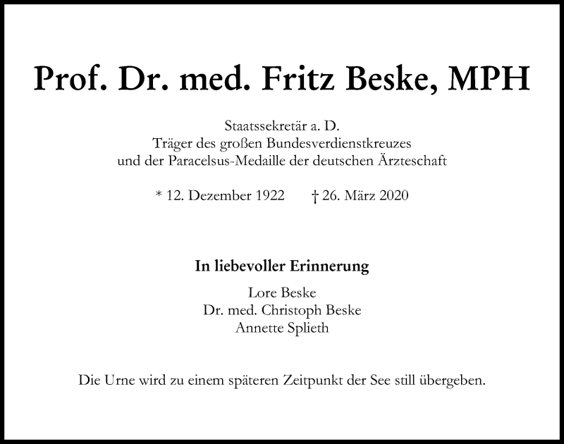  Traueranzeige für Fritz Beske vom 04.04.2020 aus Kieler Nachrichten