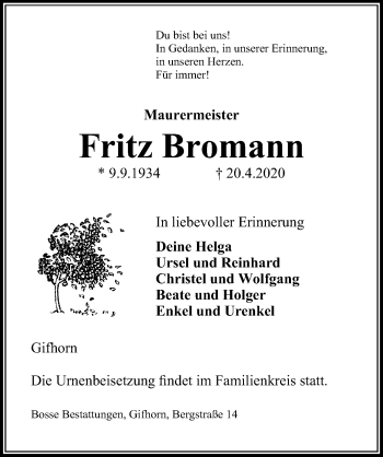 Traueranzeige von Fritz Bromann von Aller Zeitung