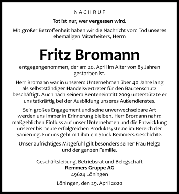 Traueranzeige von Fritz Bromann von Aller Zeitung