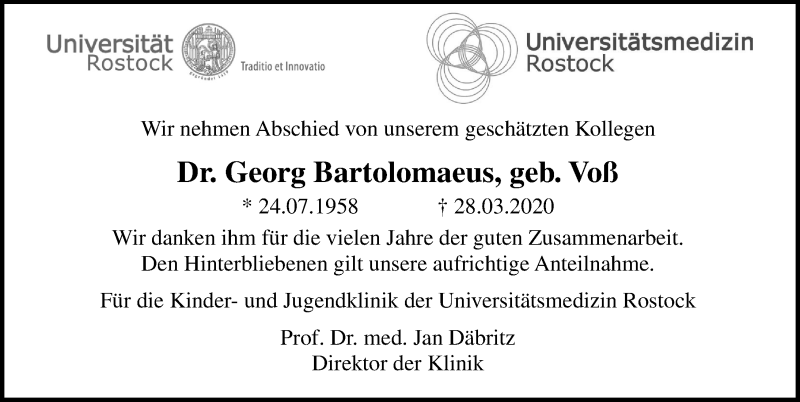  Traueranzeige für Georg Bartolomaeus vom 11.04.2020 aus Ostsee-Zeitung GmbH