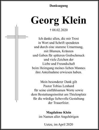 Traueranzeige von Georg Klein von Hannoversche Allgemeine Zeitung/Neue Presse