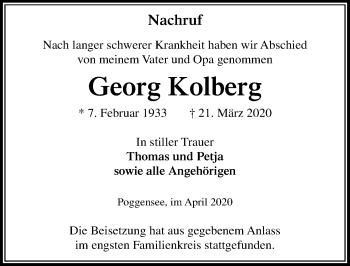 Traueranzeige von Georg Kolberg von Lübecker Nachrichten