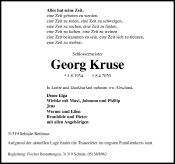 Traueranzeige von Georg Kruse von Hannoversche Allgemeine Zeitung/Neue Presse