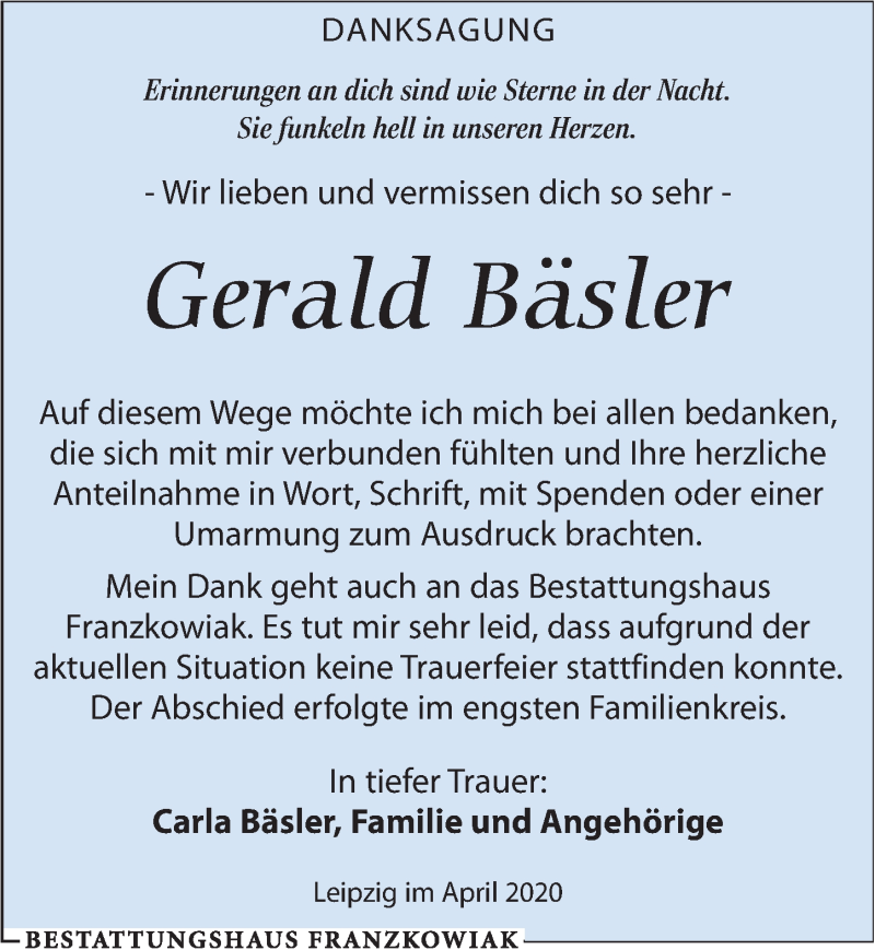  Traueranzeige für Gerald Bäsler vom 11.04.2020 aus Leipziger Volkszeitung
