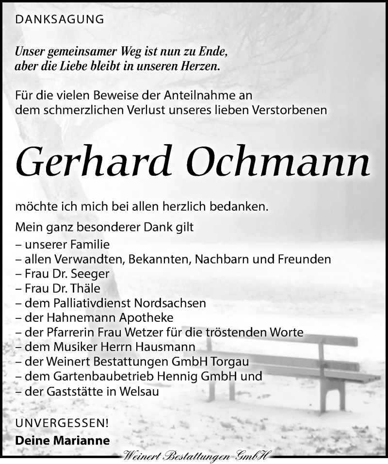  Traueranzeige für Gerhard Ochmann vom 18.04.2020 aus Torgauer Zeitung
