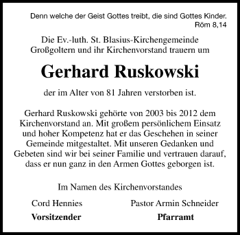 Traueranzeige von Gerhard Ruskowski von Hannoversche Allgemeine Zeitung/Neue Presse