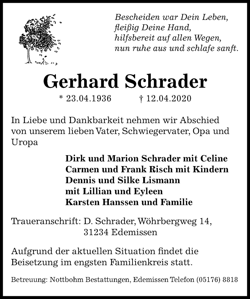  Traueranzeige für Gerhard Schrader vom 15.04.2020 aus Peiner Allgemeine Zeitung