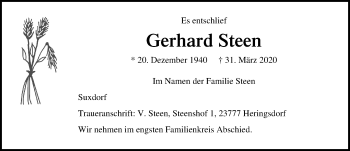 Traueranzeige von Gerhard Steen von Lübecker Nachrichten