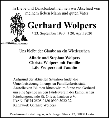 Traueranzeige von Gerhard Wolpers von Hannoversche Allgemeine Zeitung/Neue Presse