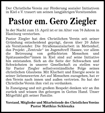 Traueranzeige von Gero Ziegler von Kieler Nachrichten