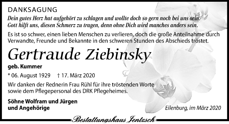  Traueranzeige für Gertraude Ziebinsky vom 11.04.2020 aus Leipziger Volkszeitung