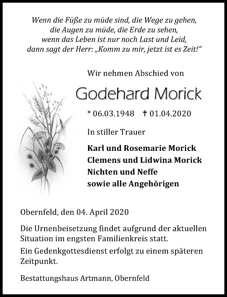  Traueranzeige für Godehard Morick vom 04.04.2020 aus Göttinger Tageblatt