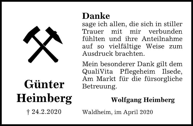  Traueranzeige für Günter Heimberg vom 11.04.2020 aus Peiner Allgemeine Zeitung