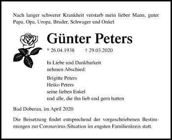 Traueranzeige von Günter Peters von Ostsee-Zeitung GmbH