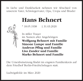 Traueranzeige von Hans Behnert von Märkischen Allgemeine Zeitung