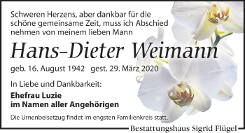 Traueranzeige von Hans-Dieter Weimann von Leipziger Volkszeitung