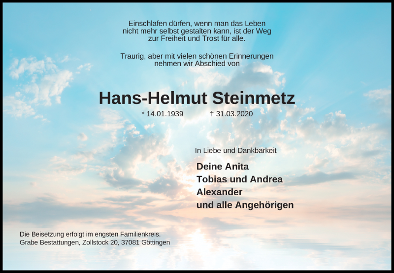  Traueranzeige für Hans-Helmut Steinmetz vom 04.04.2020 aus Göttinger Tageblatt