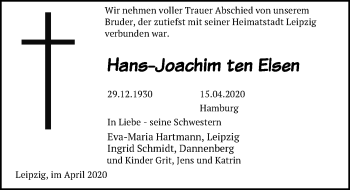 Traueranzeige von Hans-Joachim ten Elsen von Leipziger Volkszeitung