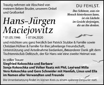 Traueranzeige von Hans-Jürgen Maciejowitz von Leipziger Volkszeitung