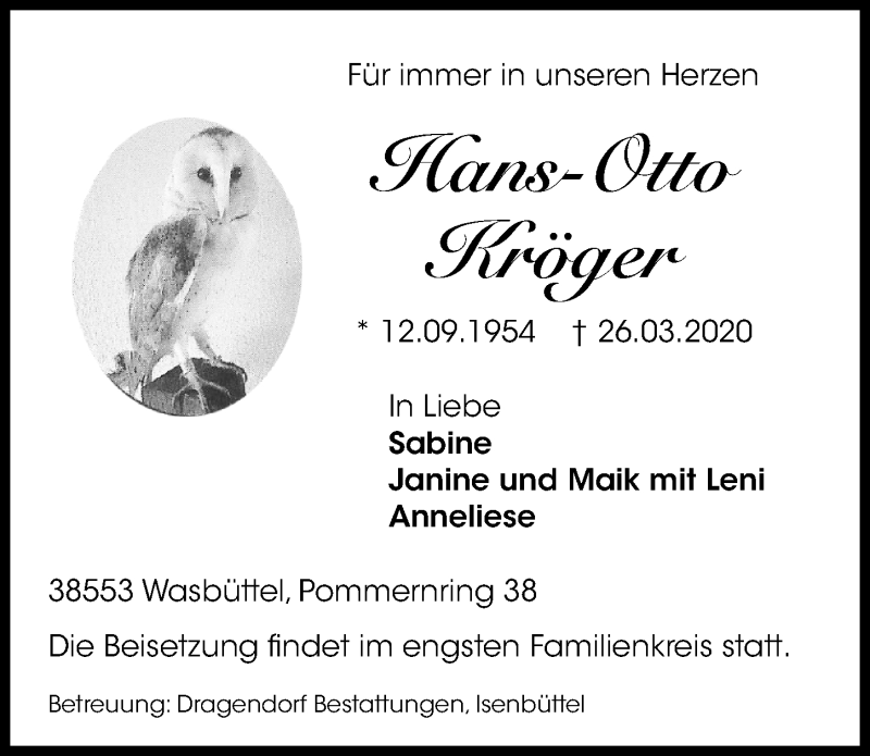  Traueranzeige für Hans-Otto Kröger vom 04.04.2020 aus Aller Zeitung